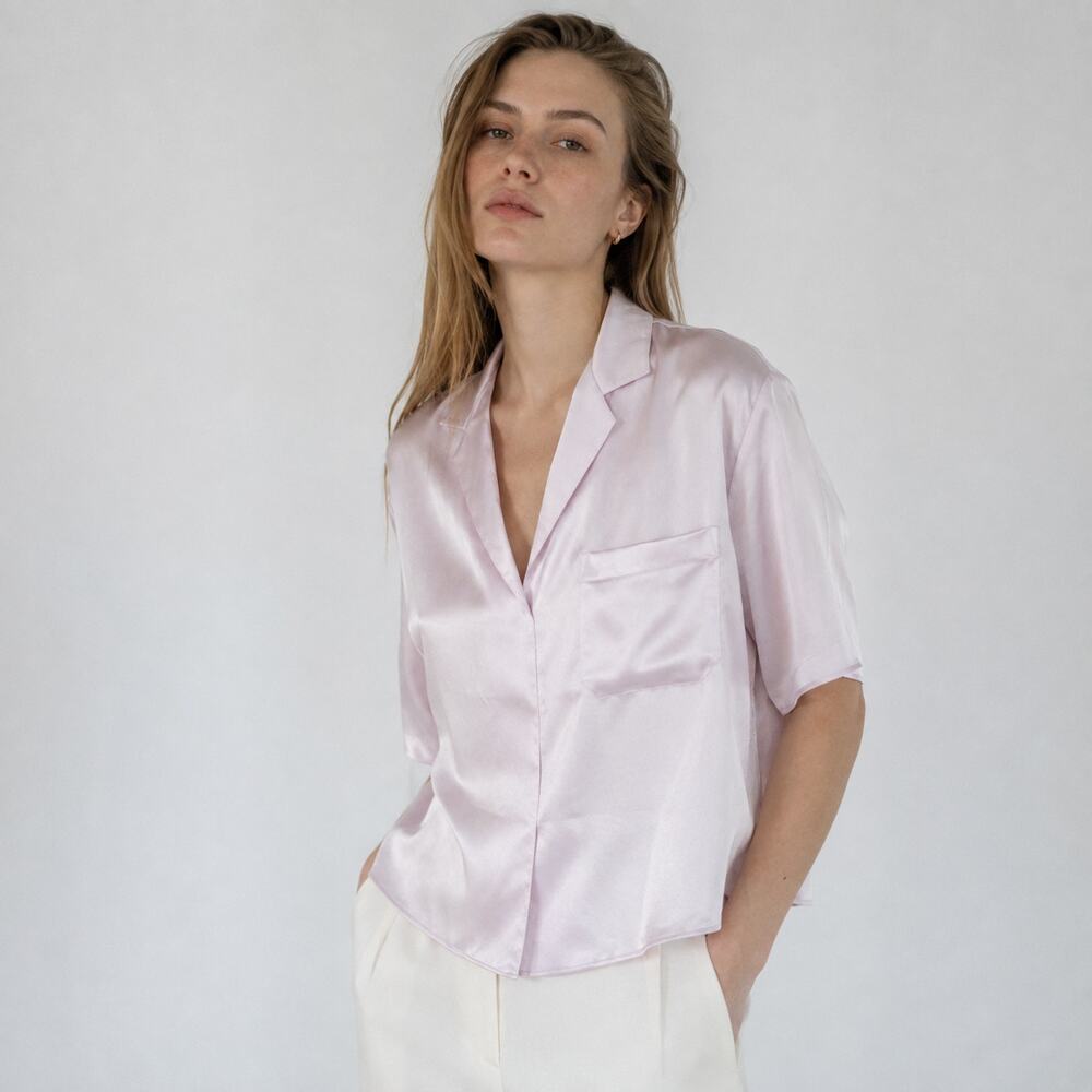 Vince Blouse Satin Pajama Shirt Womens M Pink/Purple 100% Silk Short Sleeve